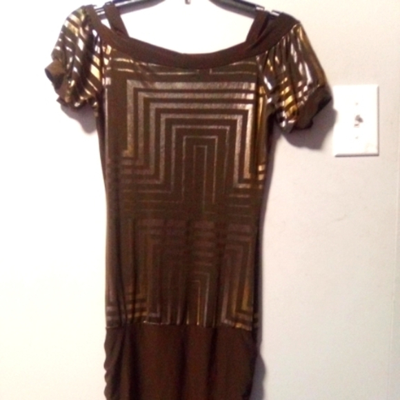 INTERI brand cold shoulder rouched  brown print dress - Picture 1 of 8